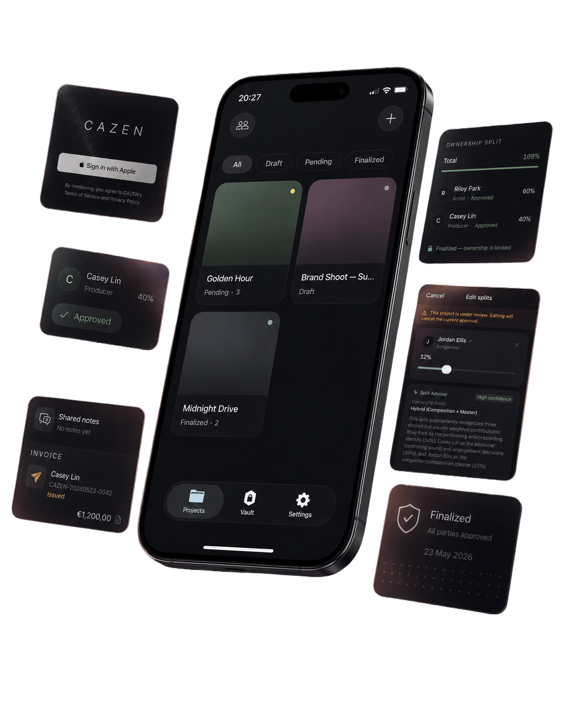 CAZEN app: a music project's dashboard with ownership splits, approvals, and invoices
