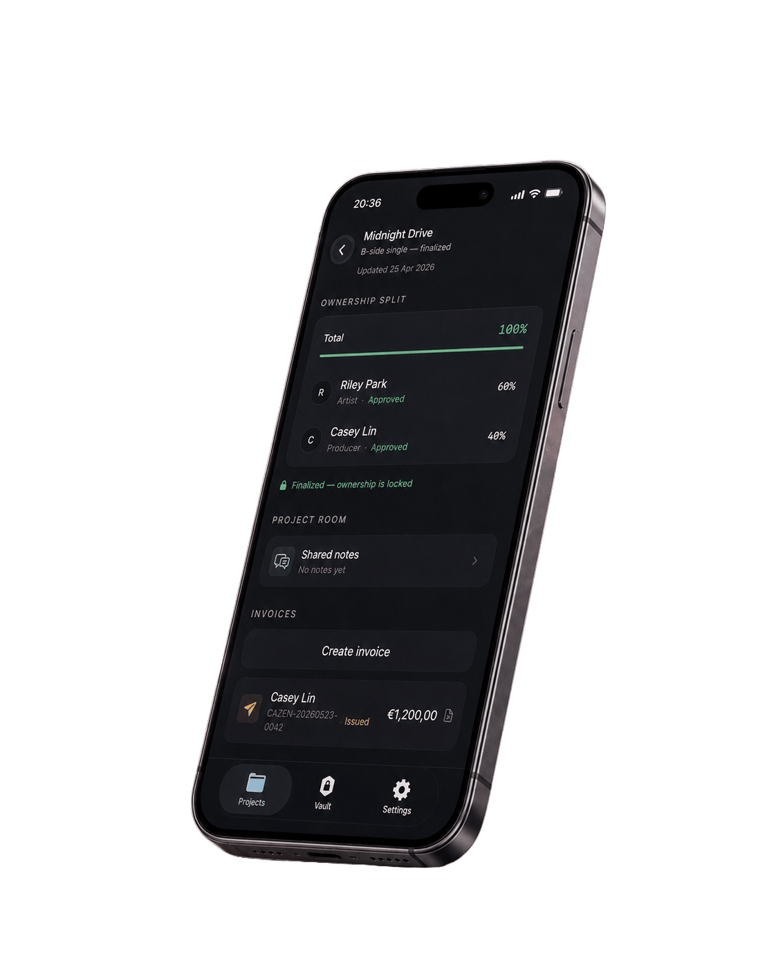 CAZEN: a finalized split with each collaborator's share, approvals, and an invoice